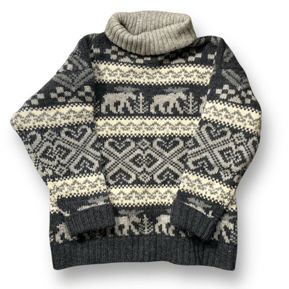Vintage 90s Eddie Bauer Gray Black Moose Nordic Fair Isle Turtleneck Sweater - Picture 5 of 11